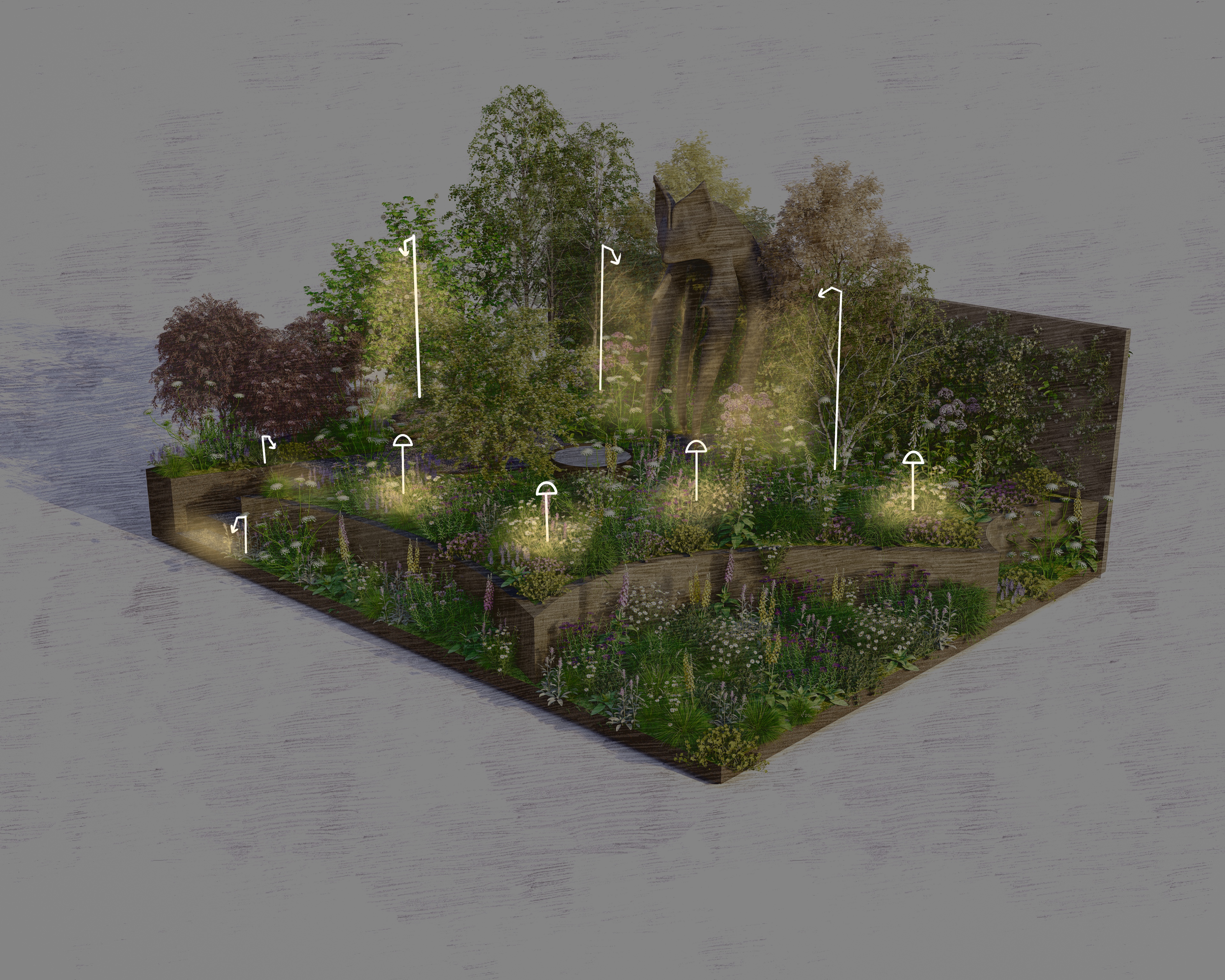 The Bat Conservation Trust Nocturnal Garden lighting plan by Hudson Lighting - Chelsea Flower Show 2026